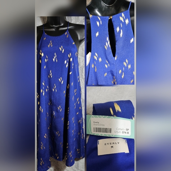 NEW Everly Andra Dress Small Cobalt Blue Gold Midi Tent Halter Neck - Picture 1 of 8